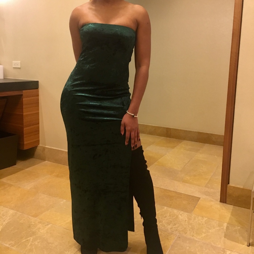 Strapless green velvet dress